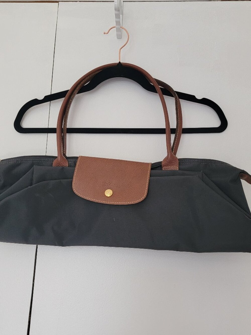 Longchamp Medium Black Nylon Tote with Brown Leather Trim